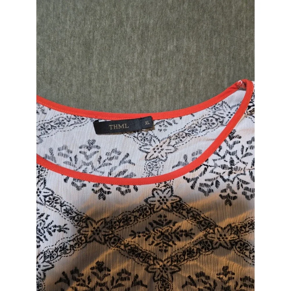 THML White & Navy Patterned Short Sleeve Blouse with Coral Trim